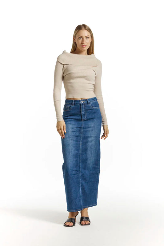 Long denim skirt with back slit