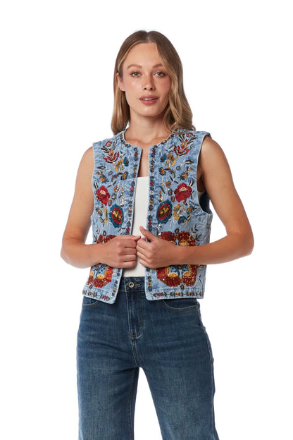 Denim vest embroidered with flower on the front