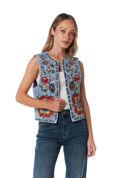 Denim vest embroidered with flower on the front