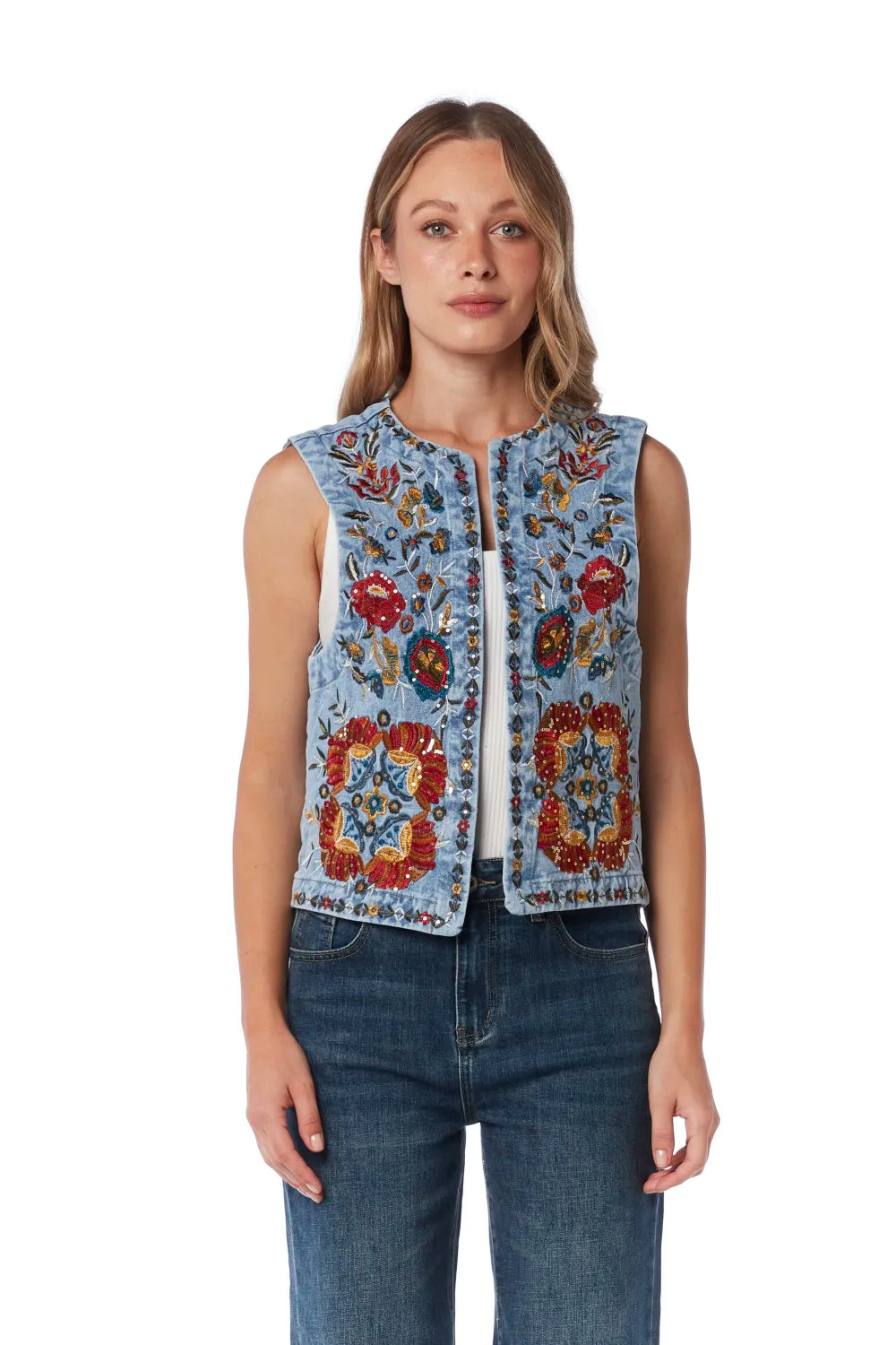 Denim vest embroidered with flower on the front