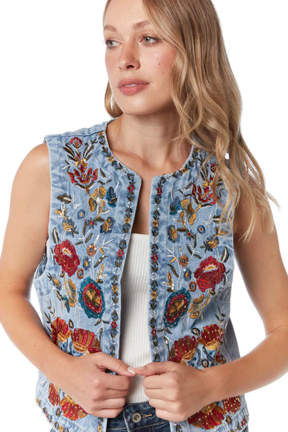 Denim vest embroidered with flower on the front