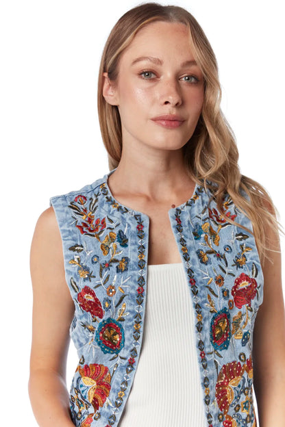 Denim vest embroidered with flower on the front